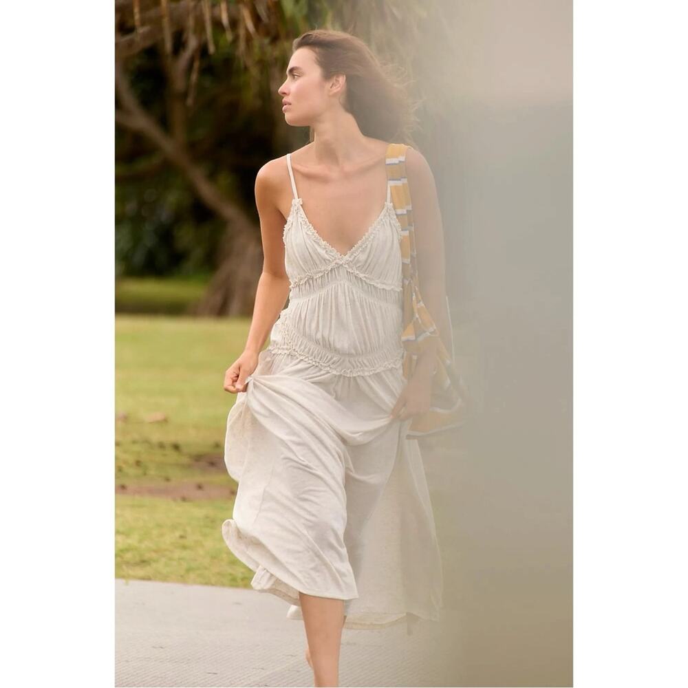 Free People Ethereal Beach Marina Muse Maxi Dress in Natural Neutral Large NWT